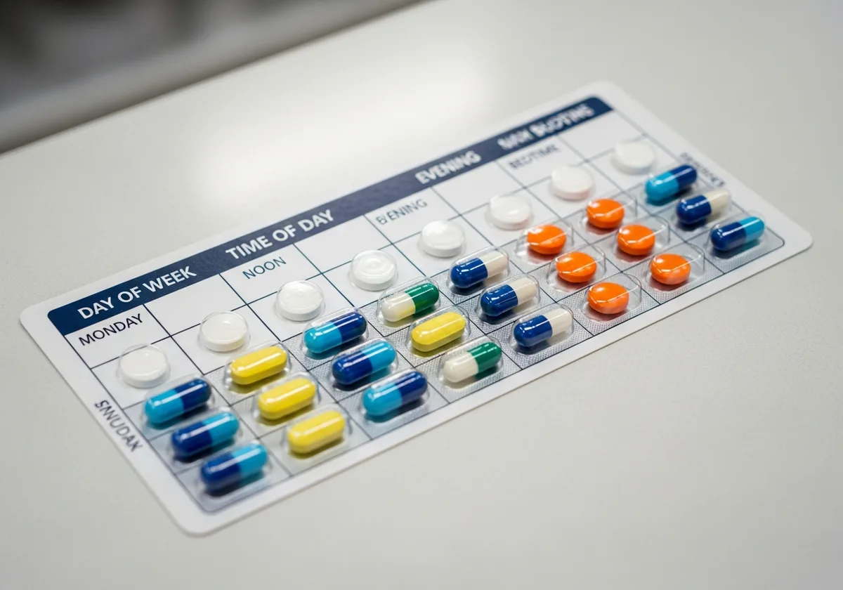 Multi-dose blister pack compliance packaging with medications sorted by day and time