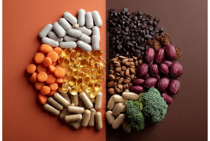 A brain shape made of vitamin capsules, supplements, nuts, and vegetables on a two-tone background